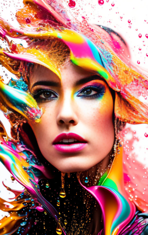 Colorful swirling liquid art on woman's face against white background