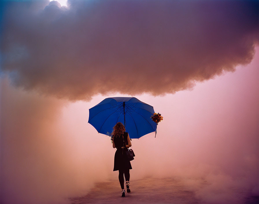 Person holding blue umbrella walks into misty landscape with low-hanging cloud.