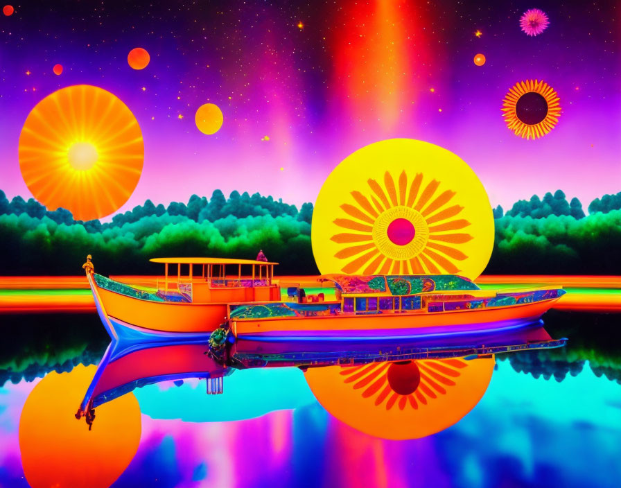 Colorful Boat Floating on Tranquil Water Under Cosmic Sky