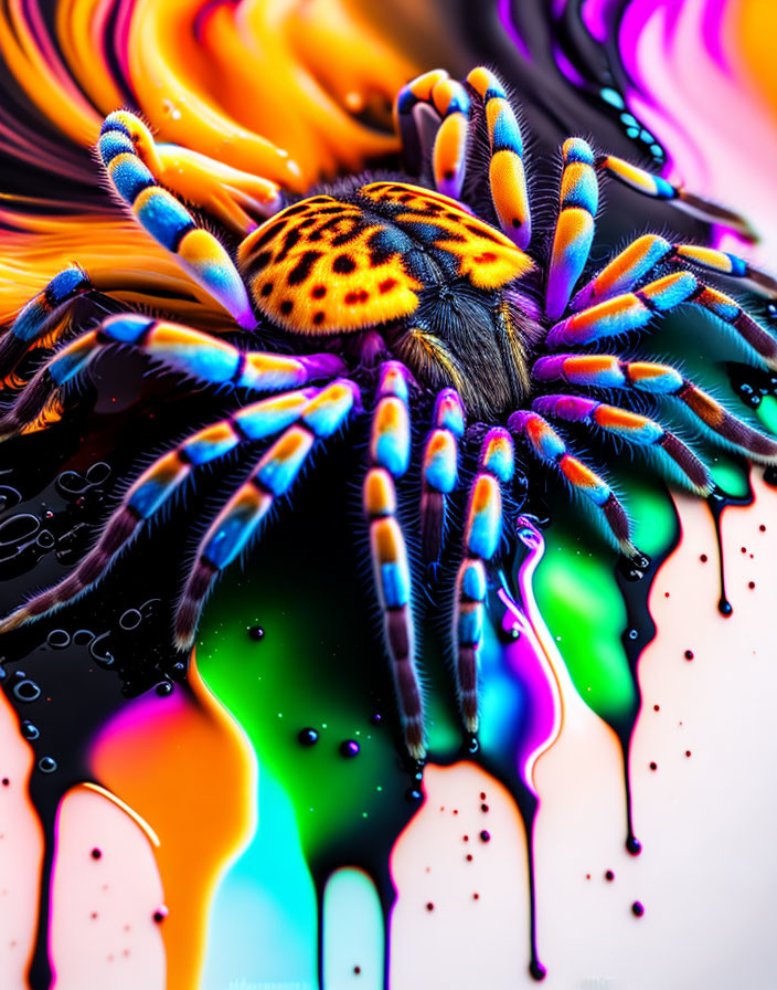 Colorful spider on psychedelic melting rainbow background