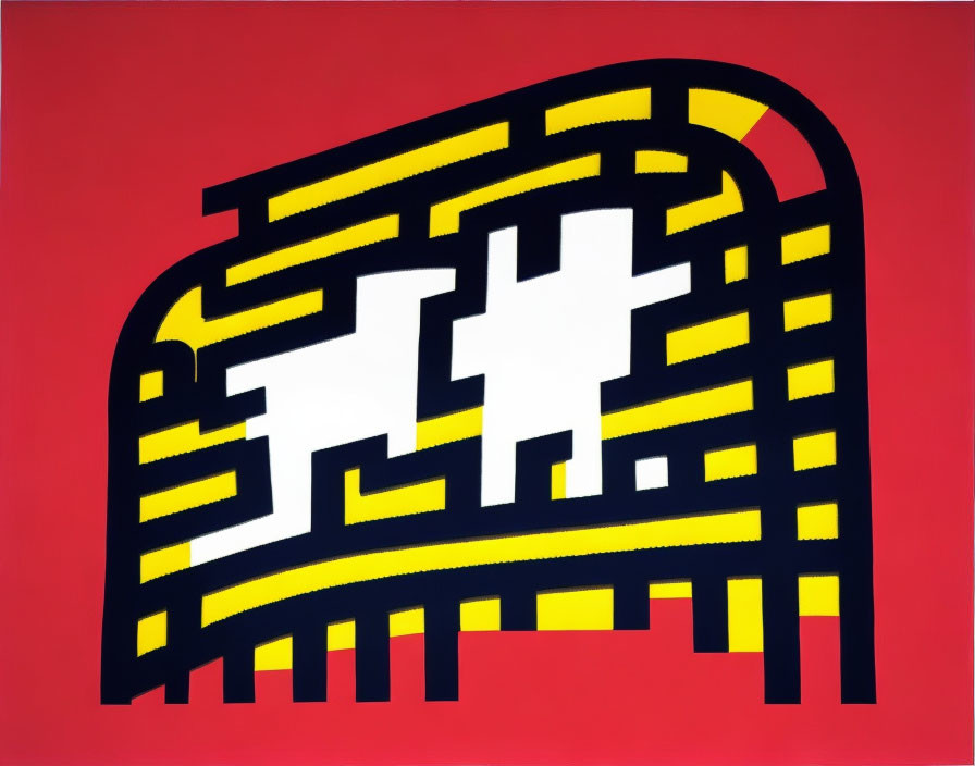 Black Labyrinth Design with Yellow Highlights on Red Background and White Dog Silhouettes