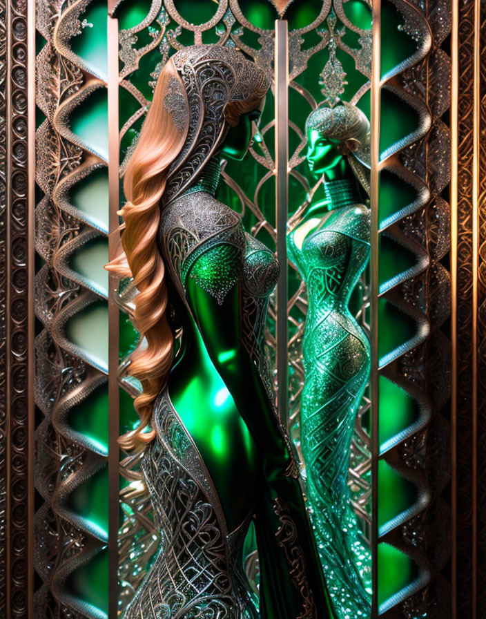 Intricate Green Metallic Bodysuit Woman Beside Ornate Metalwork