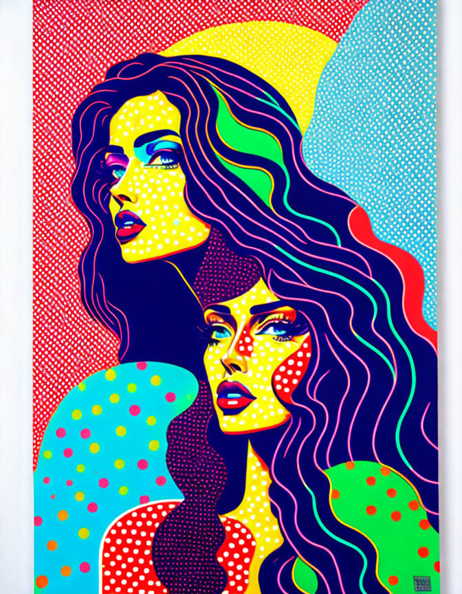 Colorful Pop Art Painting of Two Women with Flowing Hair in Neon Colors