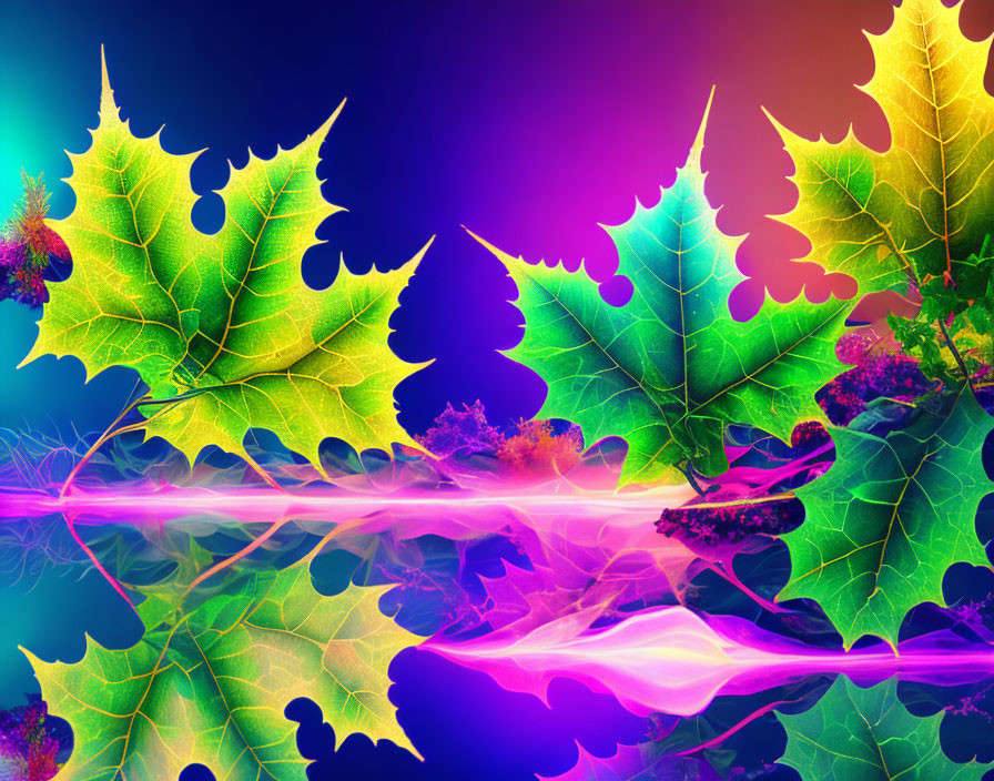 Digitally-altered image: Assorted leaves with neon edges on multicolored background