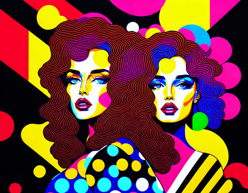 Abstract artwork of stylized female faces with wavy hair on black background.