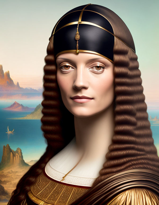 Stylized portrait of woman with long wavy hair and headband in scenic setting