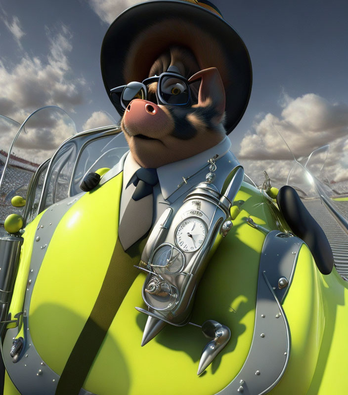 Anthropomorphic pig pilot in front of vintage airplane under blue sky.