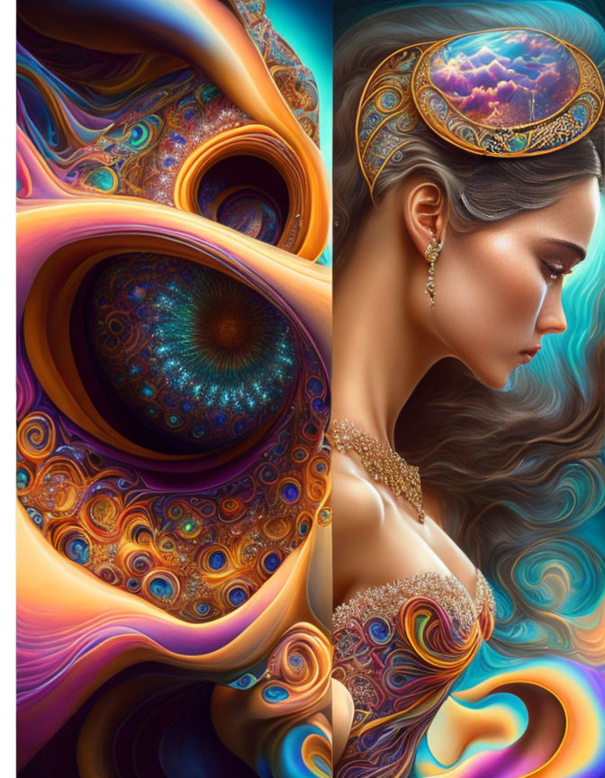 Surreal portrait of woman with abstract patterns and cosmic eye