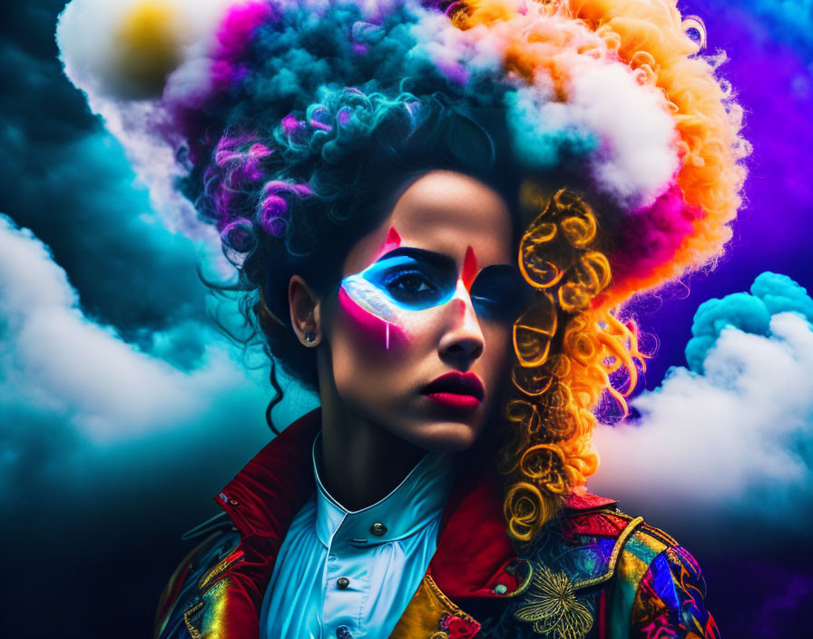 Vibrant cloud-inspired hair and colorful makeup against a moody backdrop