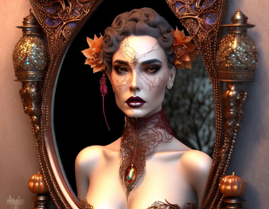 Detailed Gothic Woman Portrait with Lanterns and Mirror