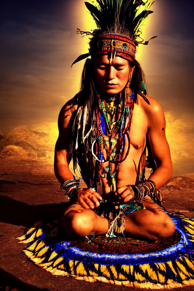 Native American person in traditional attire against desert backdrop