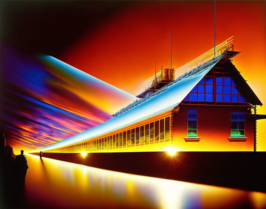 Colorful Neon-Lit House with Triangular Roof and Motion Blur Effect