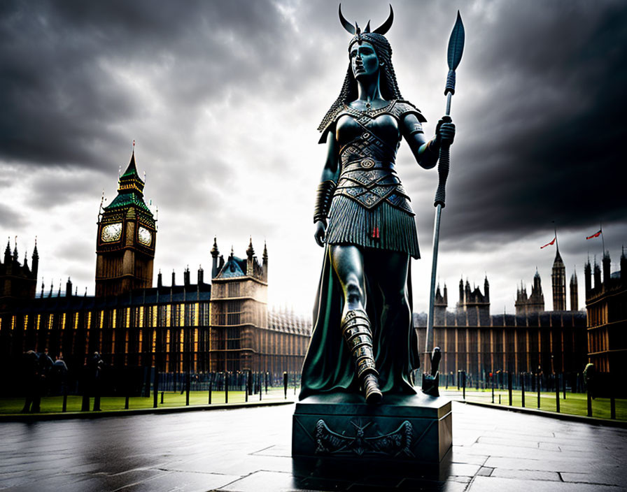 Warrior woman statue with spear against cloudy sky, Houses of Parliament and Big Ben in background