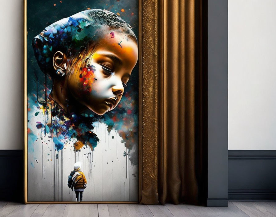 Colorful child portrait with paint-splattered face and real-life reflection on wall.