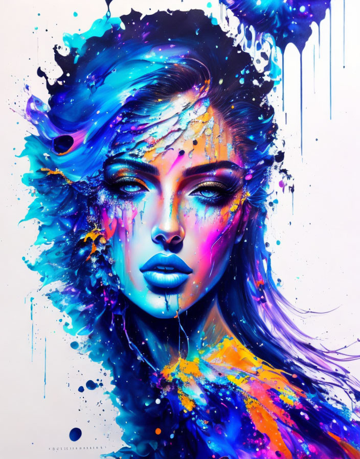 Colorful portrait of a woman with blue tones and vivid splashes