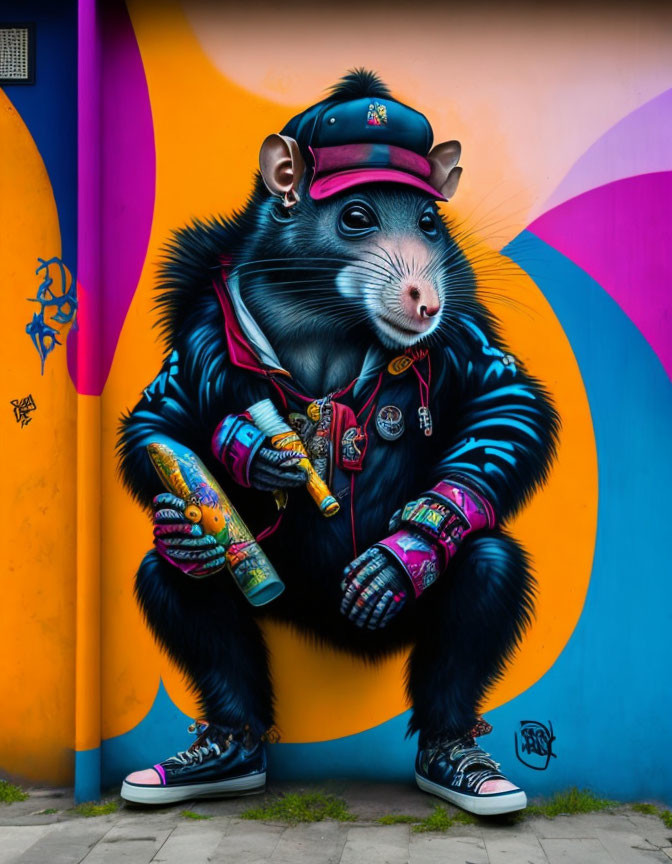 Colorful graffiti featuring anthropomorphic rat in cap and jacket