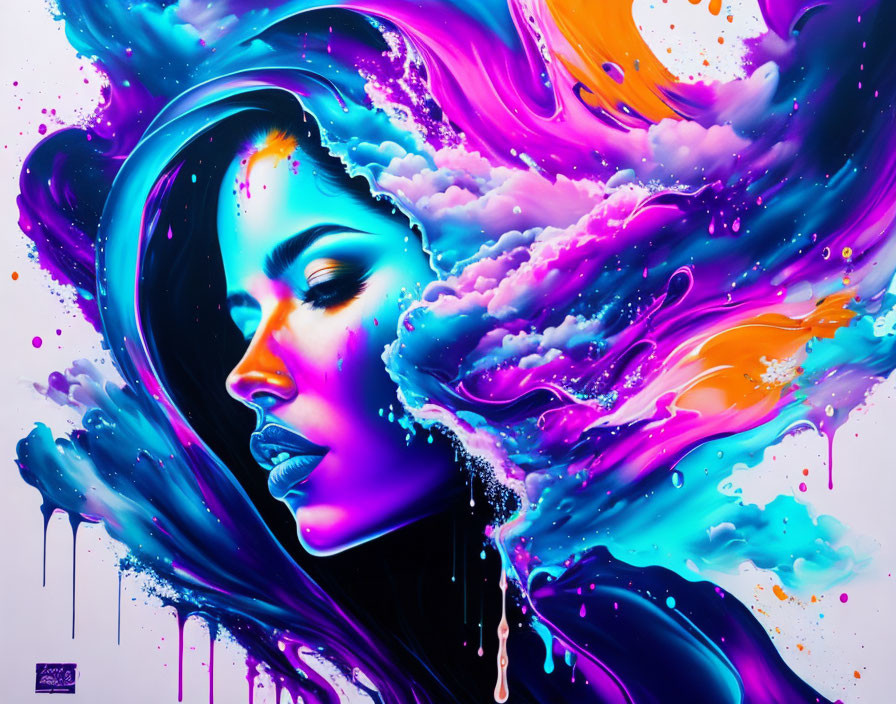 Colorful abstract artwork: Woman's profile blending with vibrant paint