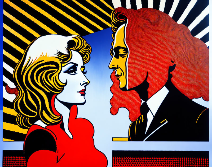 Man and woman in profile in pop art style with red sunburst and blue panel