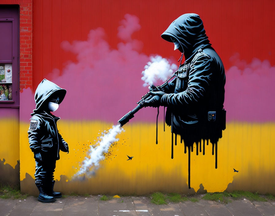 Mural featuring child and adult in hoodies with colorful smoke gun