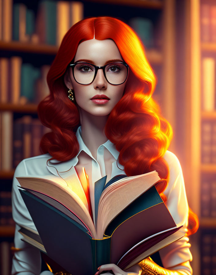 Digital illustration: Woman with red hair and glasses reading in library