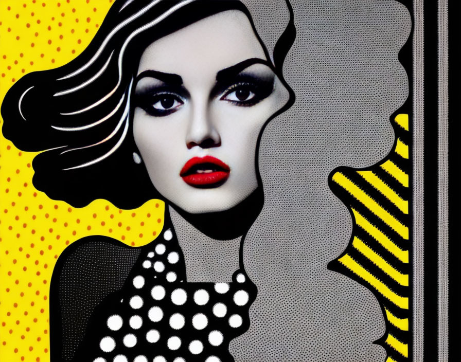 Colorful Pop Art Portrait of Woman with Bold Makeup and Yellow Dotted Background