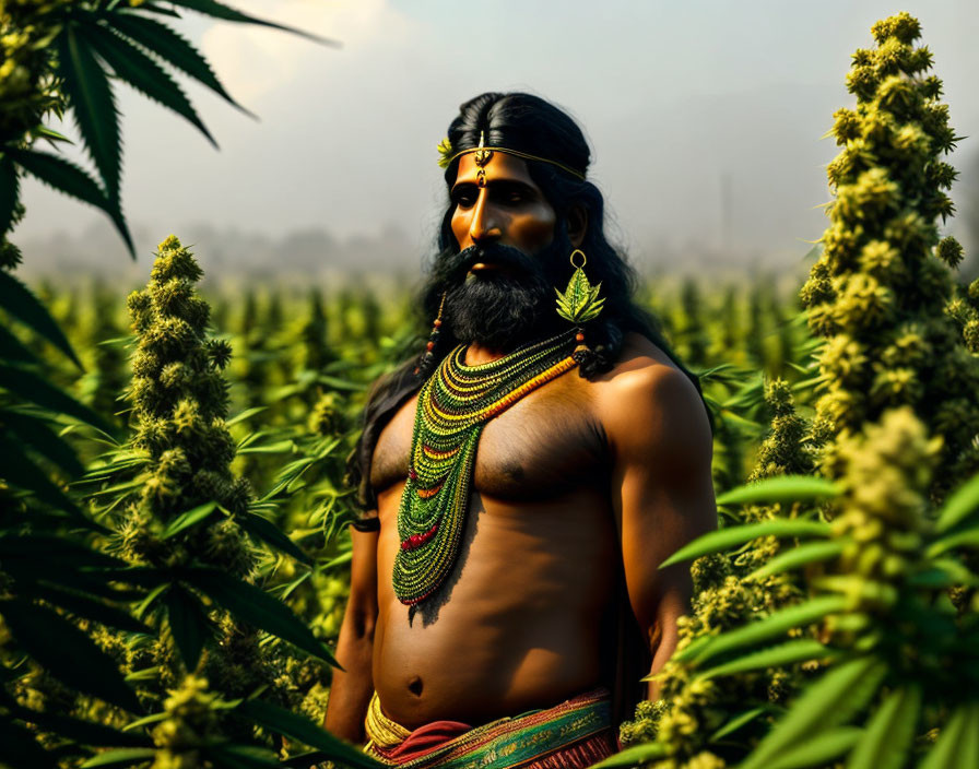 Bearded man in traditional Indian attire among cannabis plants