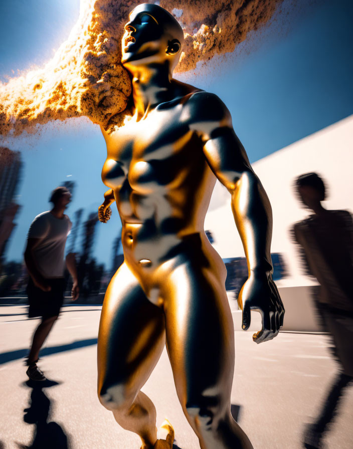 Muscular man statue with fiery effect in urban setting