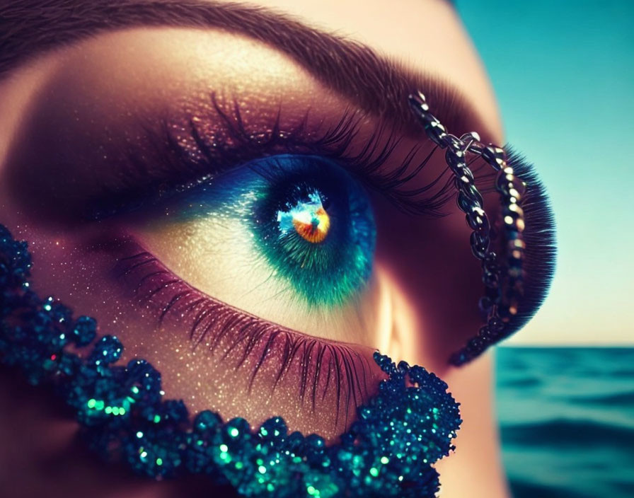 Close-up of woman's eye with blue glitter makeup and chain accessory reflecting sunset at sea