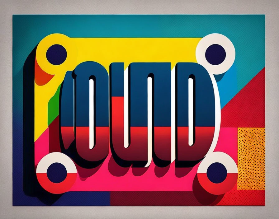 Vibrant abstract art: Bold 3D letters spell "LOUD" on colorful geometric backdrop.