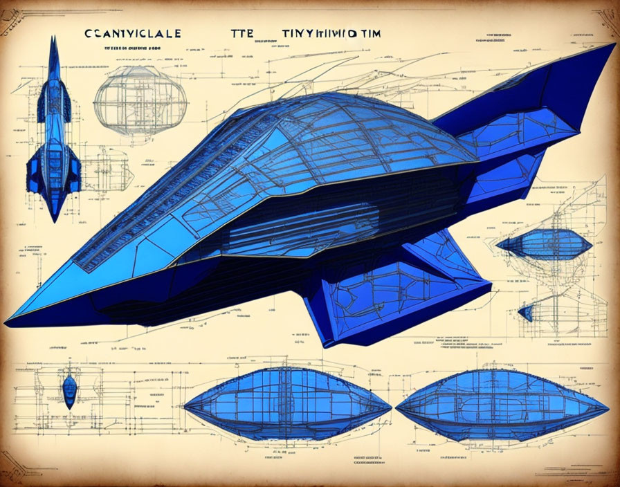 Detailed Vintage-Style Spaceship Blueprint with Schematics and Annotations