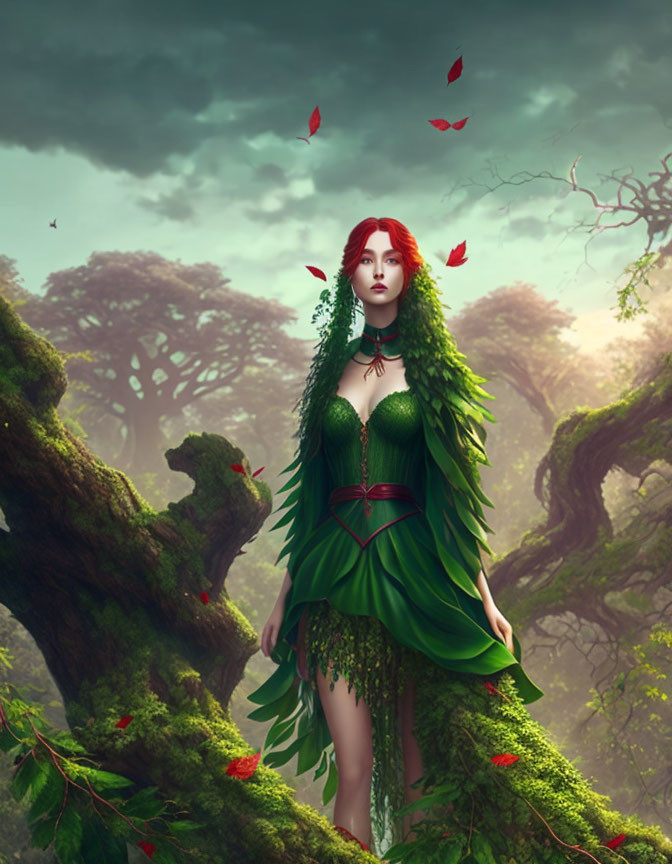 Red-haired woman in green dress surrounded by red leaves in mystical forest.