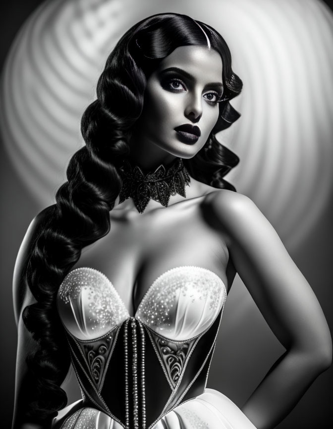 Monochromatic portrait of woman in vintage Hollywood glamour.