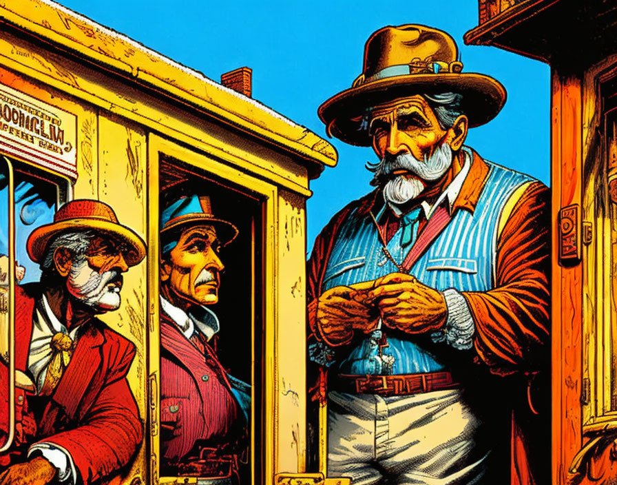 Vintage characters in train car illustration with period attire.