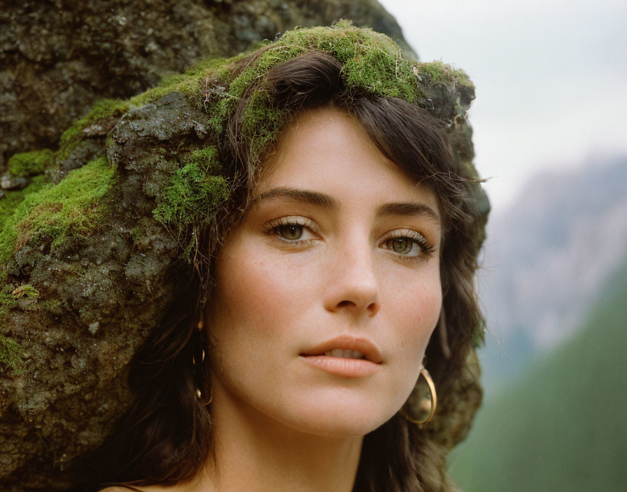 Dark-Haired Woman with Moss-Covered Rock and Mountainous Background