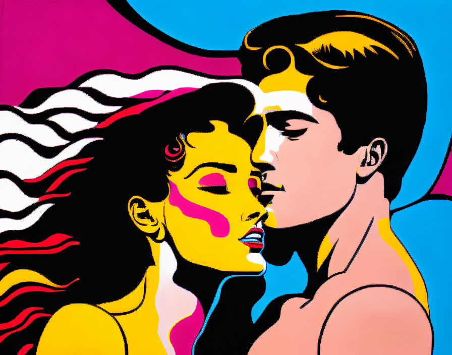 Colorful Pop Art Illustration of Man and Woman Kissing