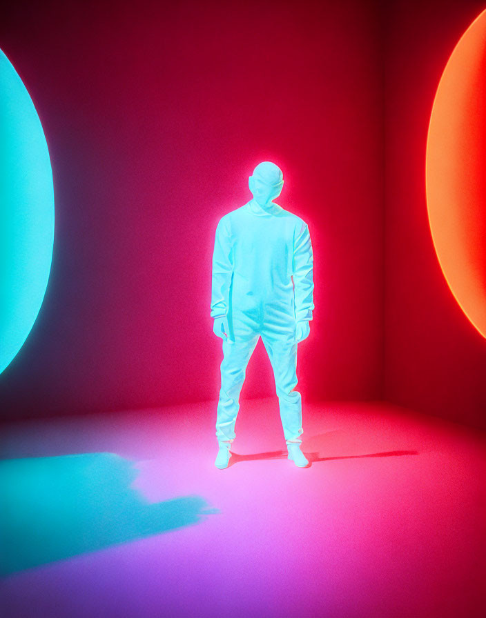 White Bodysuit Figure Between Blue and Red Glowing Circles on Pink Surface