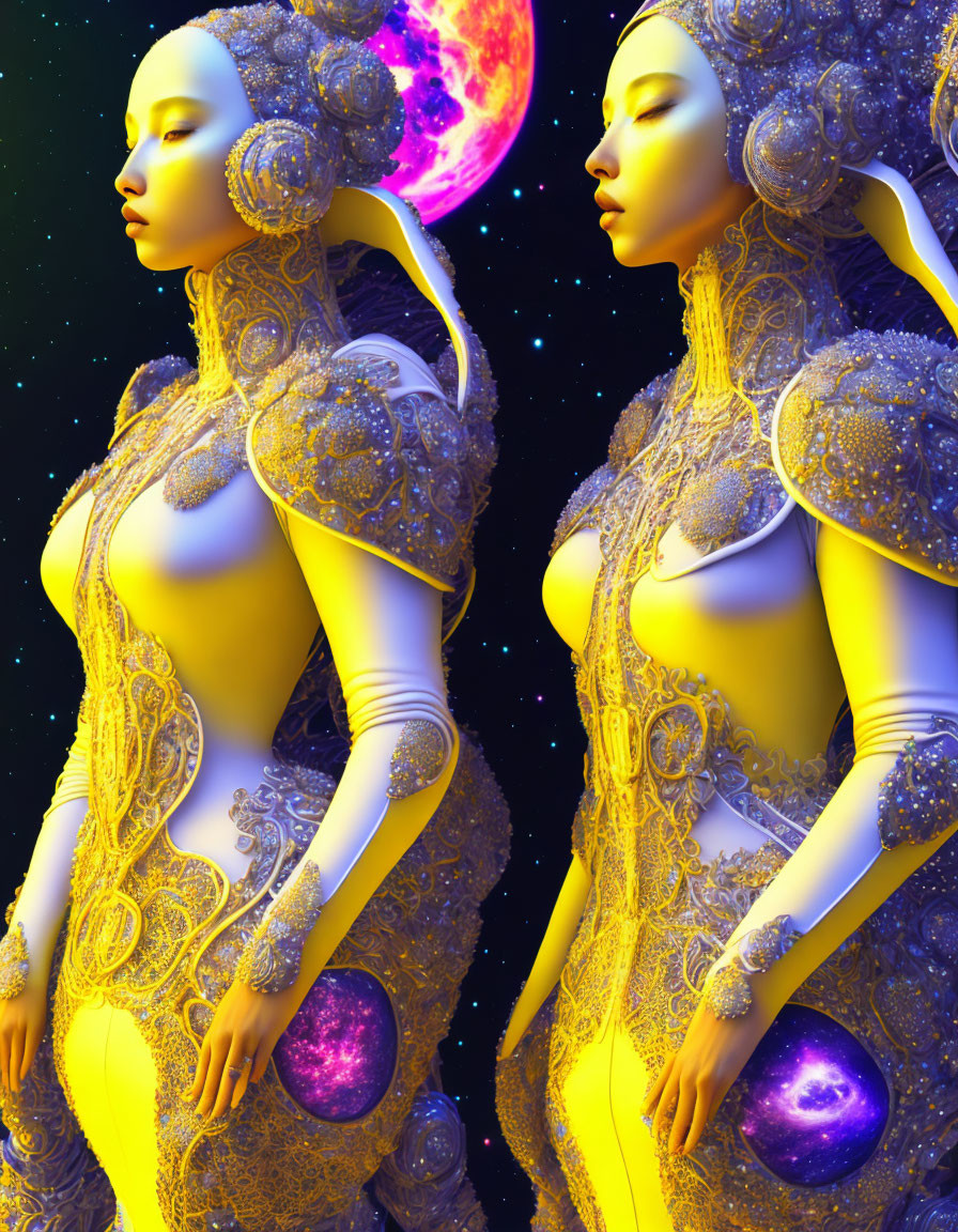 Golden humanoid figures with elaborate headdresses in starry space with pink planet.