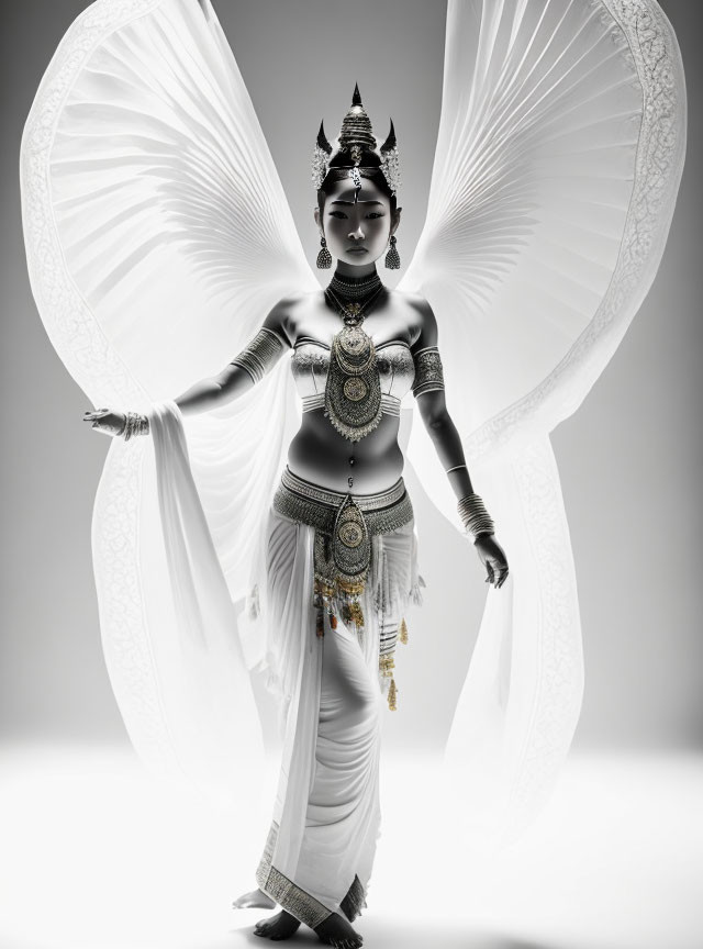 Monochromatic artwork of woman with angelic wings, headgear, and jewelry