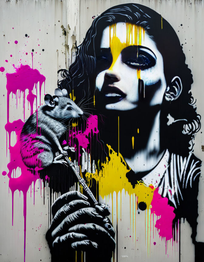 Monochrome graffiti portrait with yellow and pink paint drips and greyscale possum on hand