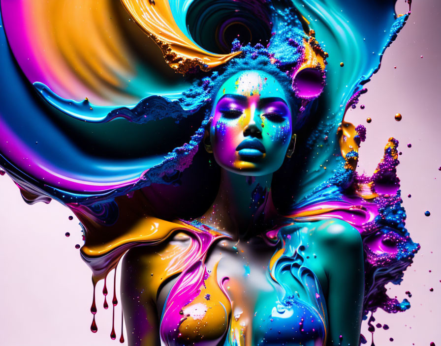 Colorful Paint Swirls and Droplets on Woman's Portrait