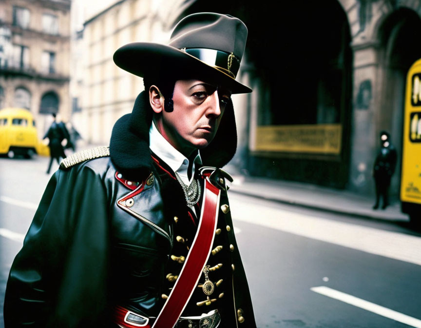 Historical military uniform with tricorne hat on city street