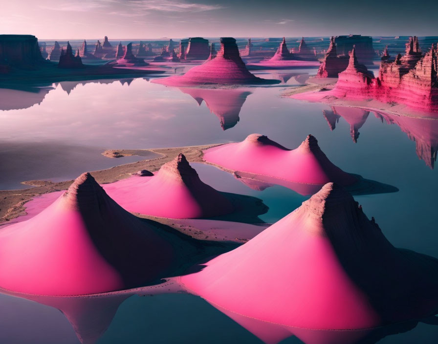 Pink Conical Hills Reflecting in Tranquil Water with Purple Sky