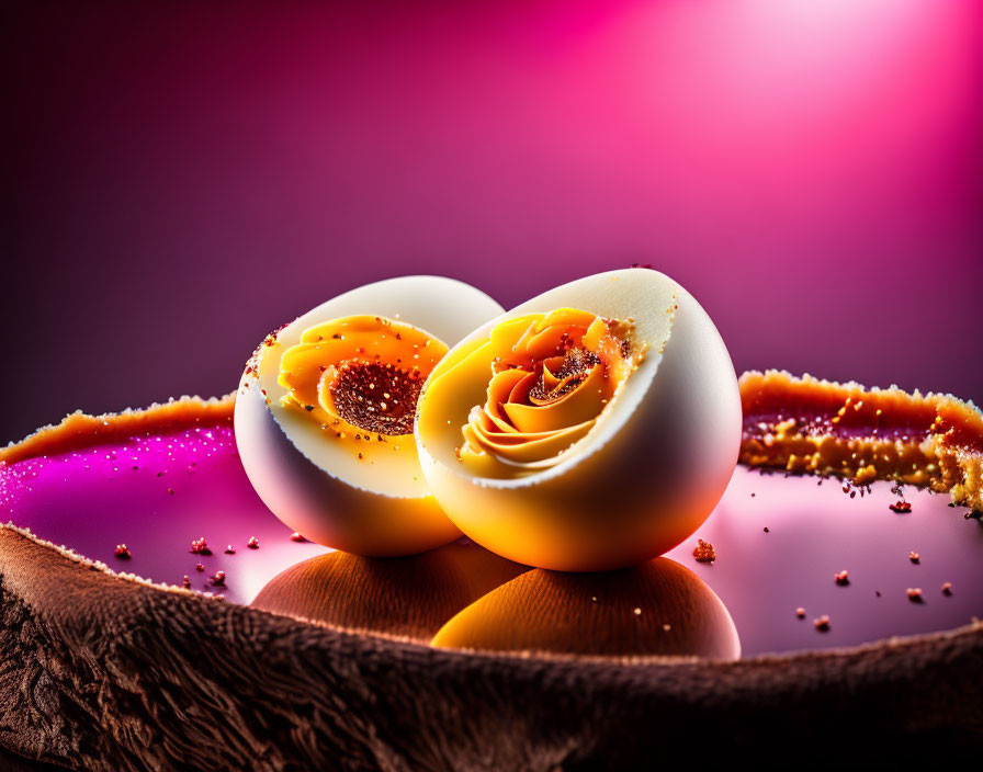 Carved Flower Boiled Egg with Spices on Reflective Surface