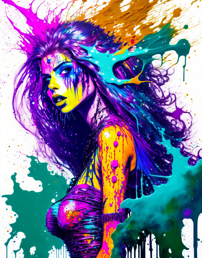 Colorful digital artwork: Woman with purple skin and flowing hair in neon pink, blue, and yellow