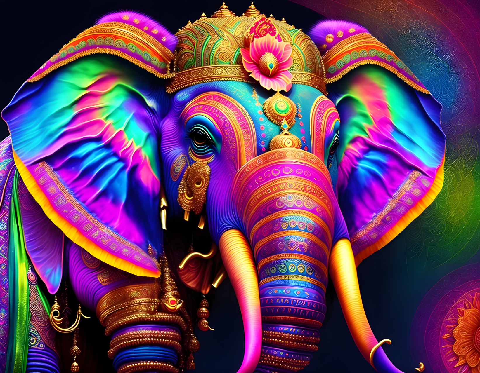 Colorful digitally illustrated elephant with intricate patterns and festive decorations on dark background