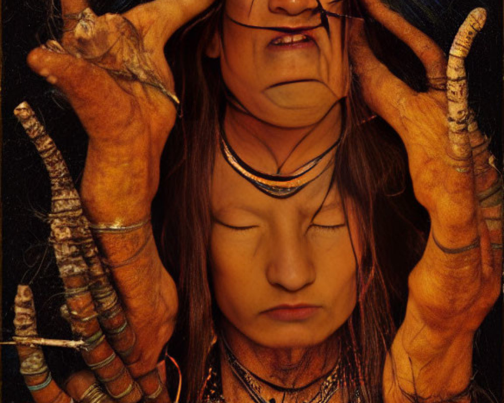 Edited image of person in tribal attire with multiple arms and green halo