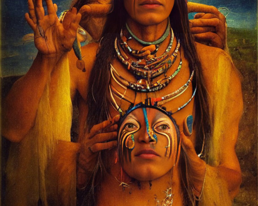 Native American person in regalia with feather headdress and jewelry, making a gesture.