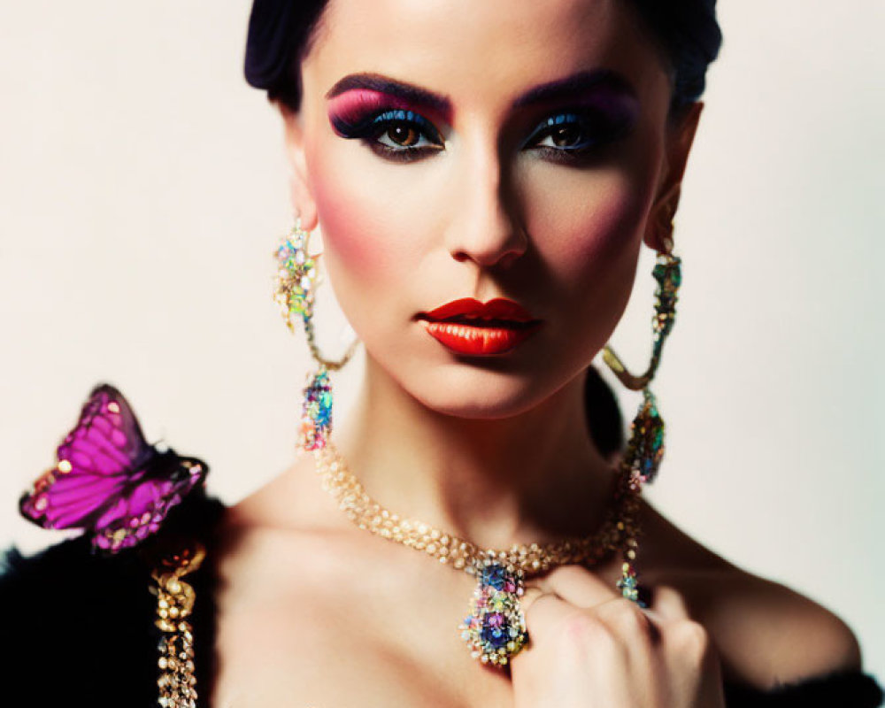 Elegant woman with crown and butterfly in striking makeup pose