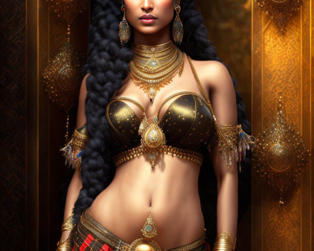 Elaborate gold jewelry on woman in traditional attire against golden backdrop