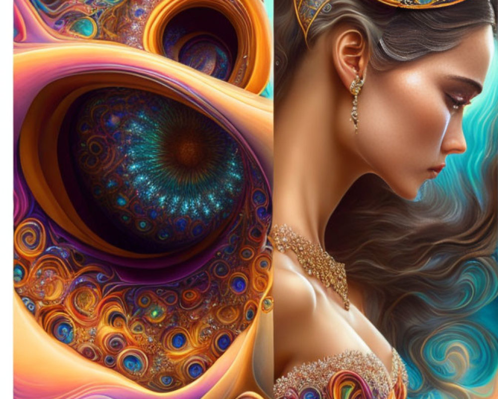 Surreal portrait of woman with abstract patterns and cosmic eye